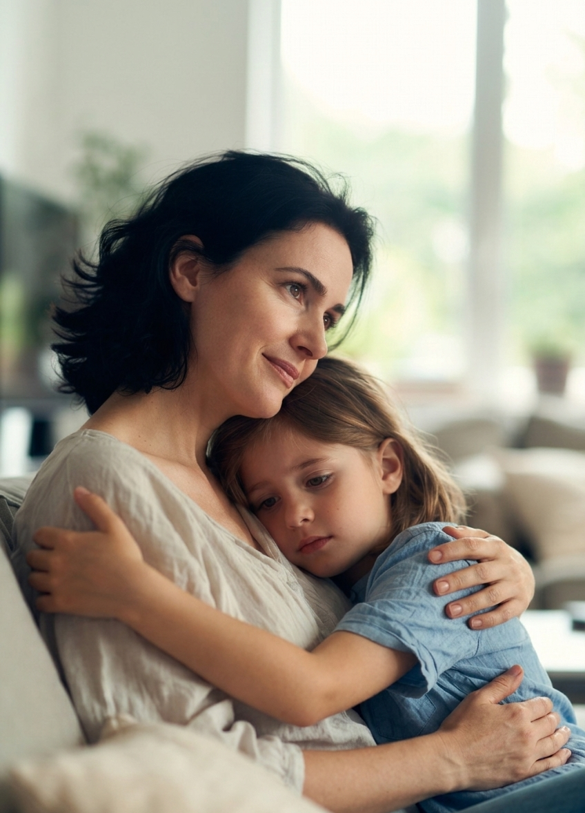 A loving mother gently embracing her young daughter in a peaceful home setting, conveying emotional healing and restoration.