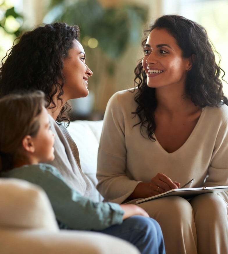 Compassionate provider delivering personalized, concierge psychiatric care with a mother and child at Christian Psychiatry & Wellness