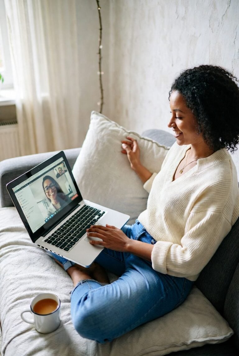 Young woman attending a comfortable telehealth session from home with her psychiatric provider via video call