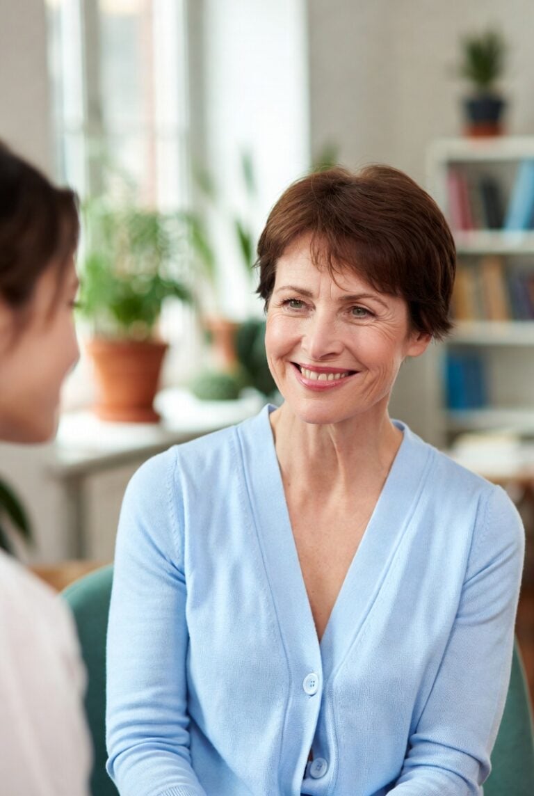 Psychiatric provider in a warm in-person therapy session with a client, offering personalized face-to-face mental health care