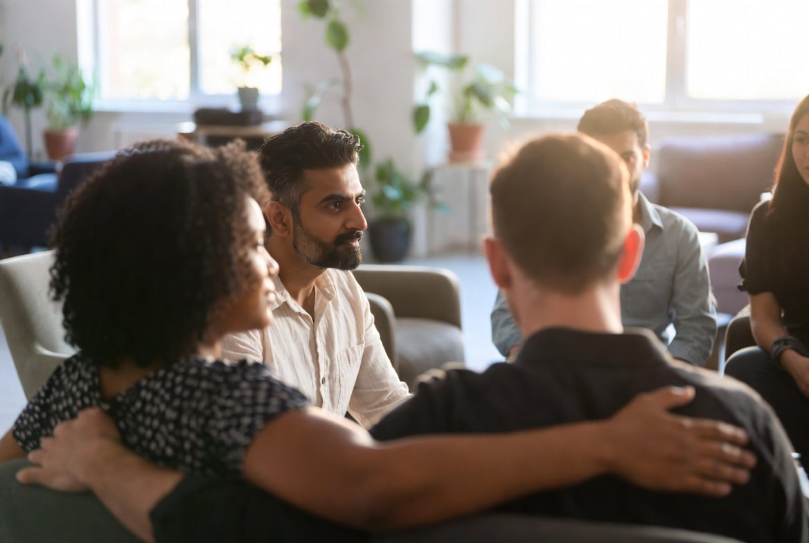 Friendly group therapy session with diverse participants in a calm, supportive setting, representing faith-sensitive and holistic psychiatric care